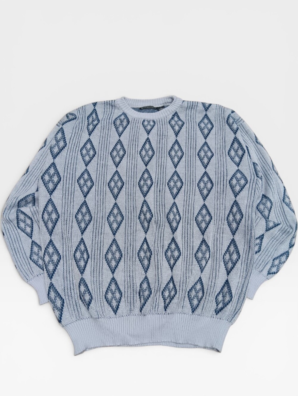 90s Vancort Men's Light Blue Gray Patterned Knit Acrylic Sweater XL